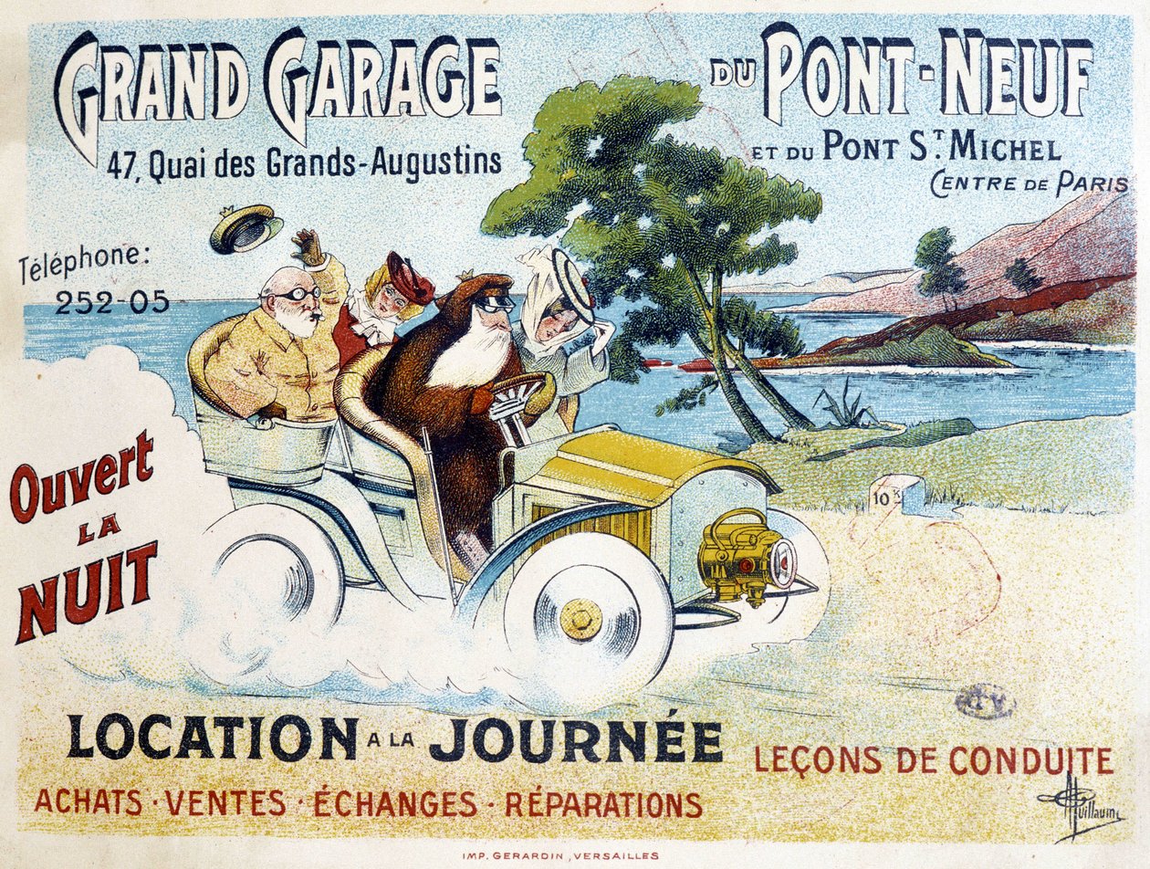 Grand Garage du Pont-Neuf: Rental, Driving Lessons, Purchase, Sales, Reparations - Advertising Poster by Albert Guillaume, circa 1900 by Albert Guillaume