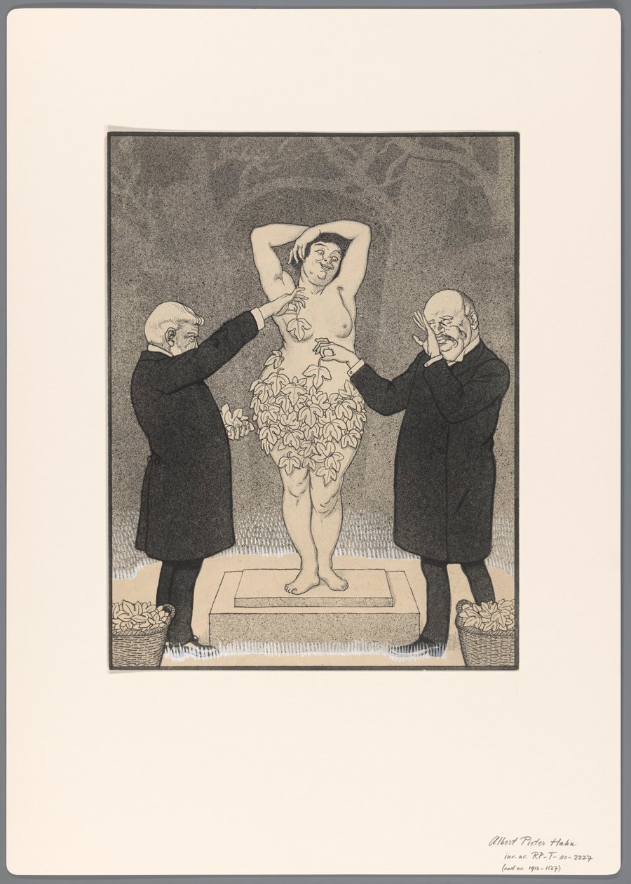 Design for a Political Cartoon: Two Gentlemen Covering a Standing Naked Woman with Fig Leaves by Albert Hahn (I)