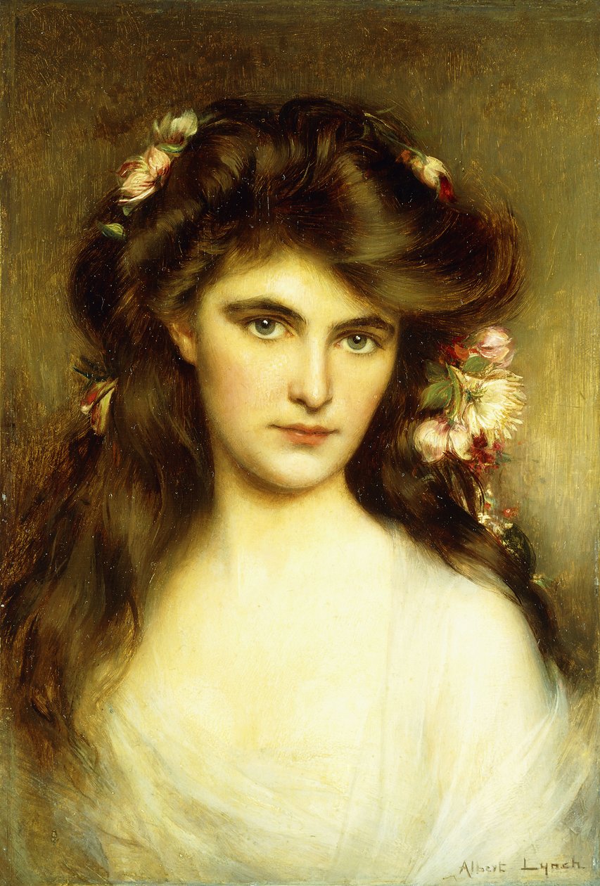 A Young Beauty with Flowers in her Hair by Albert Lynch
