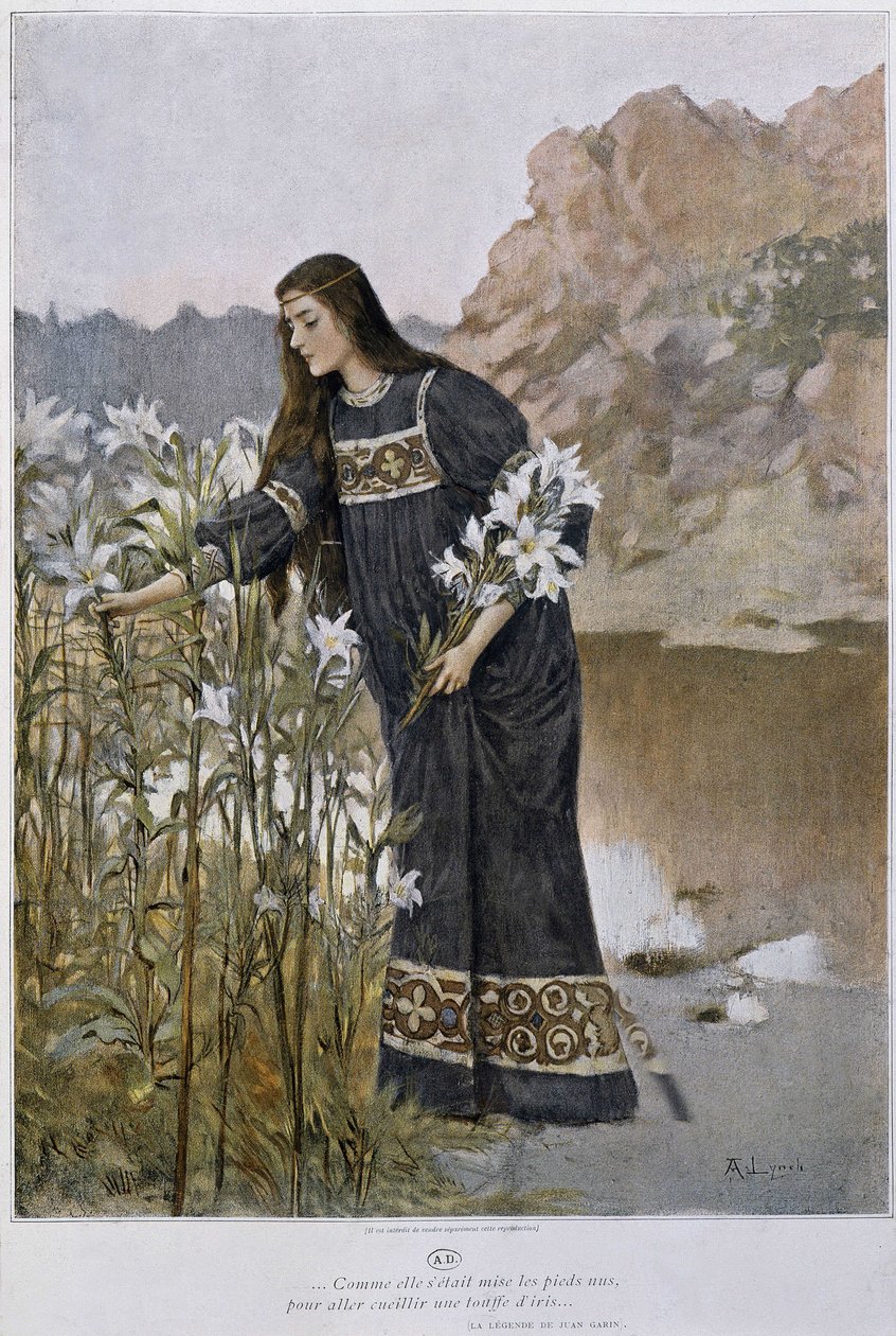 A woman blows iris - by Lynch, early 20th century by Albert Lynch
