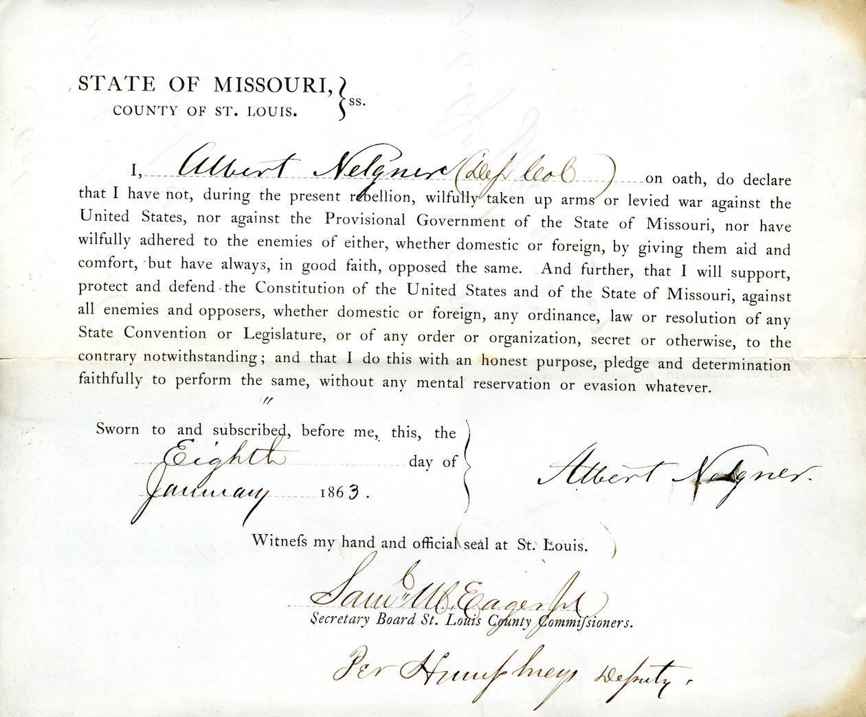 Loyalty Oath of Albert Nelgner of Missouri, County of St. Louis by Albert Nelgner