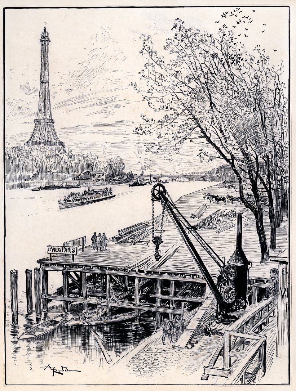 Beginning of construction work on the architectural reconstruction of Old Paris medieval, on the banks of the Seine, for the 1900 World