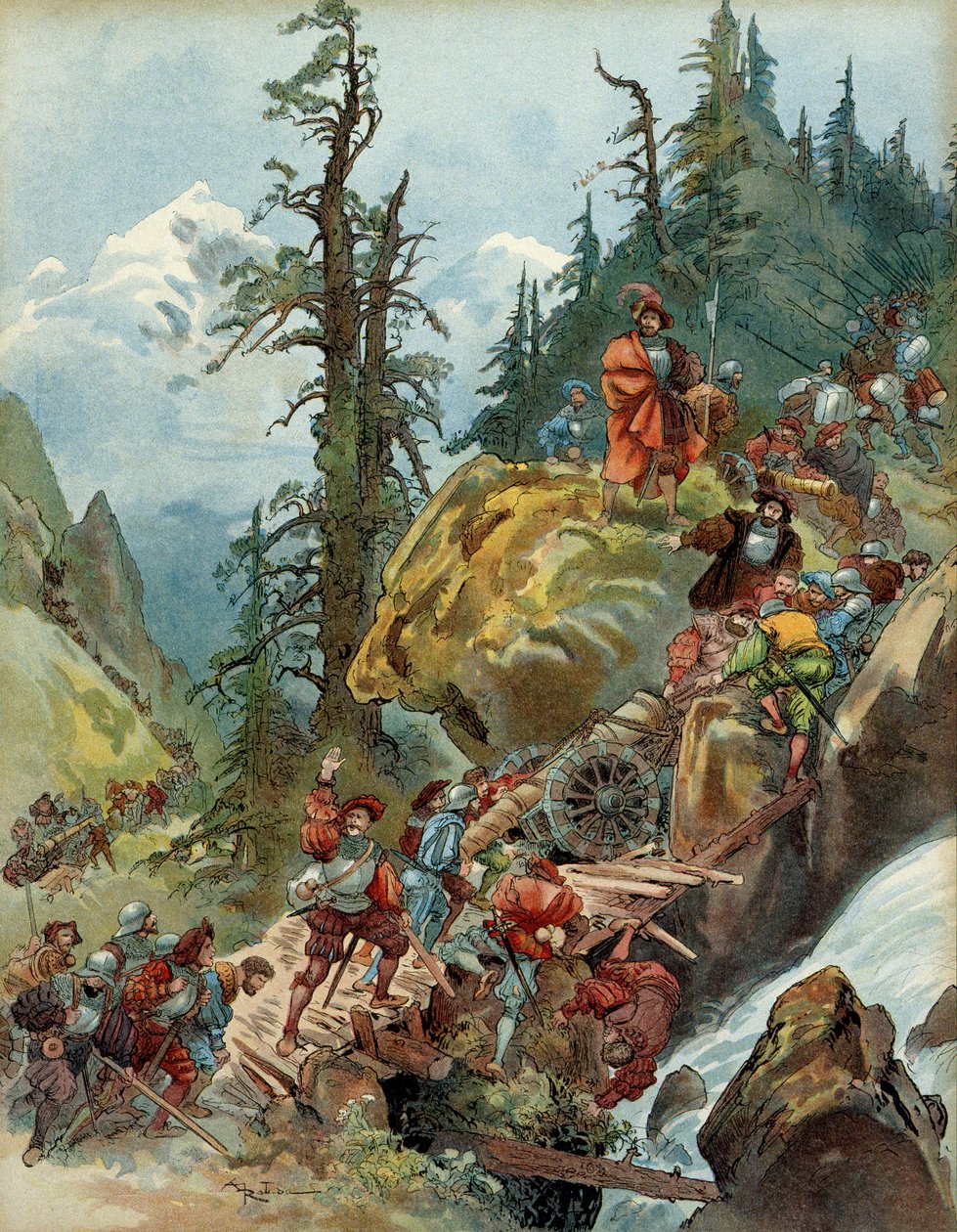 Fifth Italian War (1515-1516): the passage of the Alps in August 1515, by the Larche Pass, of the army of Francis I (1494-1547), en route to Italy by Albert Robida