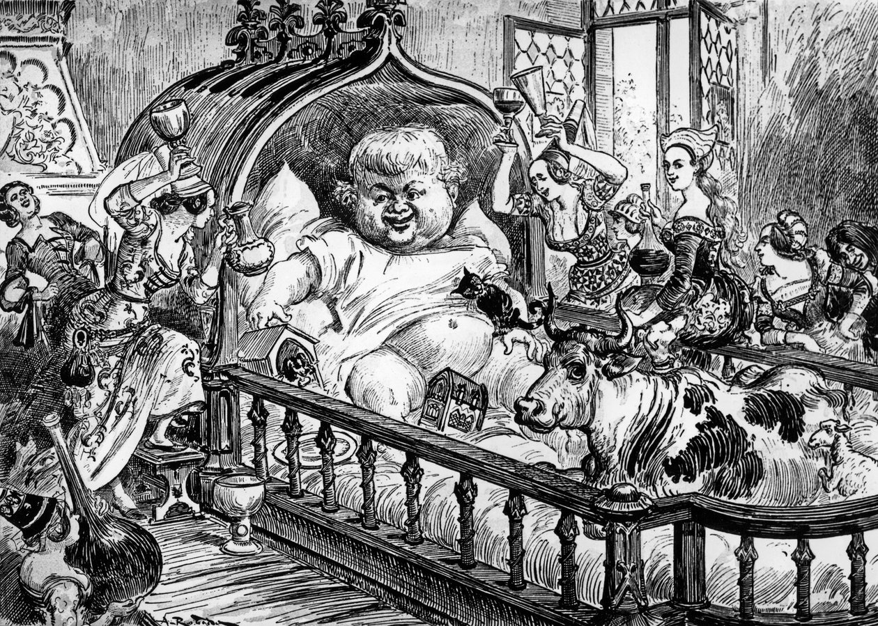 Grandes et inestimables chroniques du grand et enorme geant Gargantua anonymous work who inspired Francois Rabelais for "Pantagruel" in 1532, engraving by Albert Robida: here Gargantua as a baby by Albert Robida