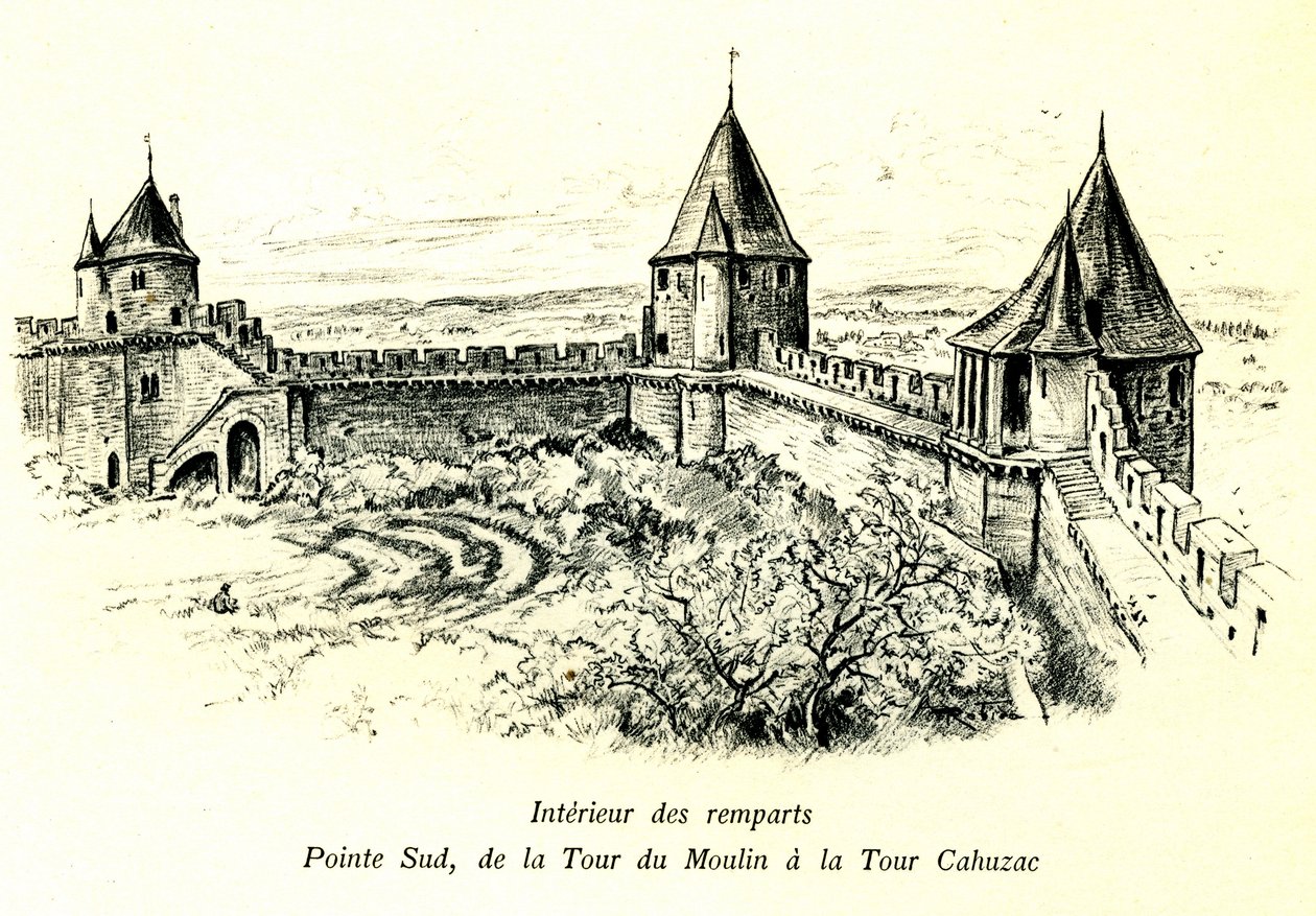 Medieval Cite de Carcassonne - Interieur des ramparts, pointe sud, de la tour du Moulin au la tour Cahuzac - location du Theatre de plein air - romantic engraving by Albert Robida in a book published at the beginning of the 20th century by Albert Robida