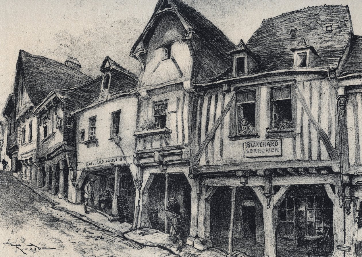 Rue Poterie at Fougeres in the department of Ille-et-Vilaine - La vieille France - La Bretagne - text, drawings and lithographs, by Albert Robida (1848-1926) by Albert Robida