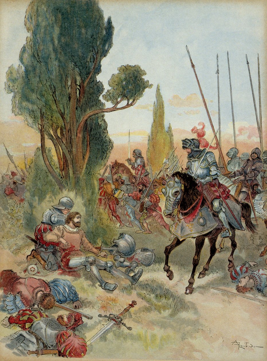 Sixth Italian War: Death of Pierre Terrail de Bayard, wounded by an arquebus strike at Rebec, in 1524, Charles de Montpensier, connetable from Bourbon, faced him. Illustration by Albert Robida