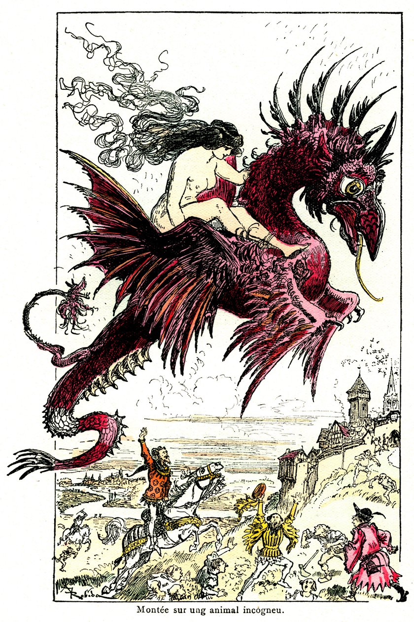 Succubus: female demon riding a dragon - illustration by Albert Robida for the Drolatic Tales by Honore de Balzac - beginning 20th century by Albert Robida