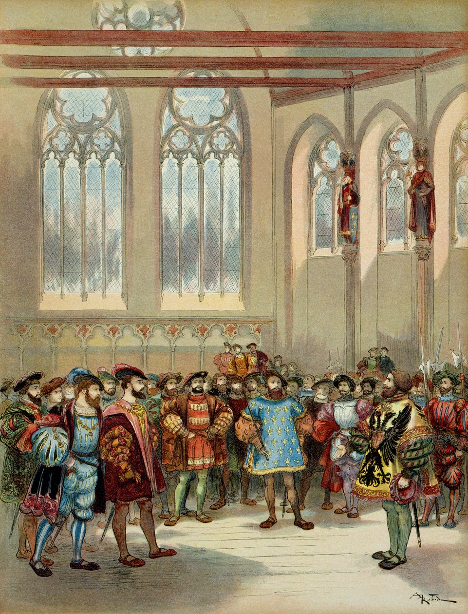 The Burgundy heraut, sent by Charles V, was received by Francois I in the grand hall of the Parliamentarom in Paris, first half of the 16th century. Illustration by Albert Robida