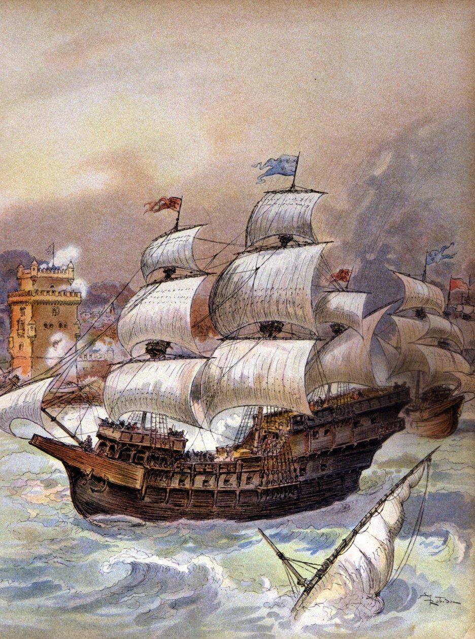 The fleet of Jean Ango blocks the Tagus and threatens Lisbon by Albert Robida