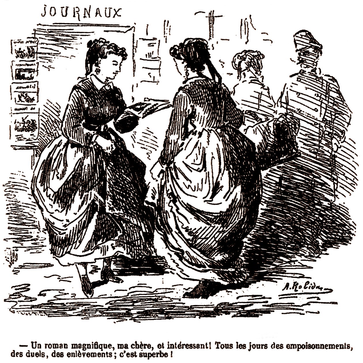 Young Woman Amazed by the Interest in Tragic Newspaper Stories by Albert Robida