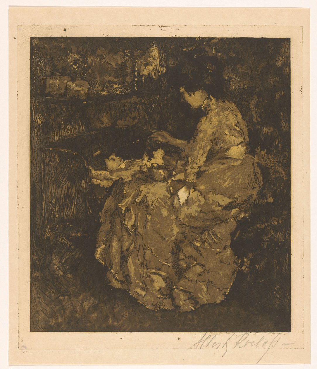 Woman Feeding a Child in a Cradle by Albert Roelofs (signed by artist)