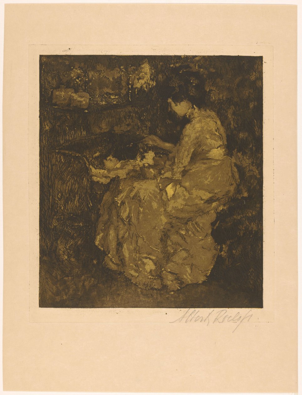 Woman Feeding a Child in a Cradle by Albert Roelofs (signed by artist)
