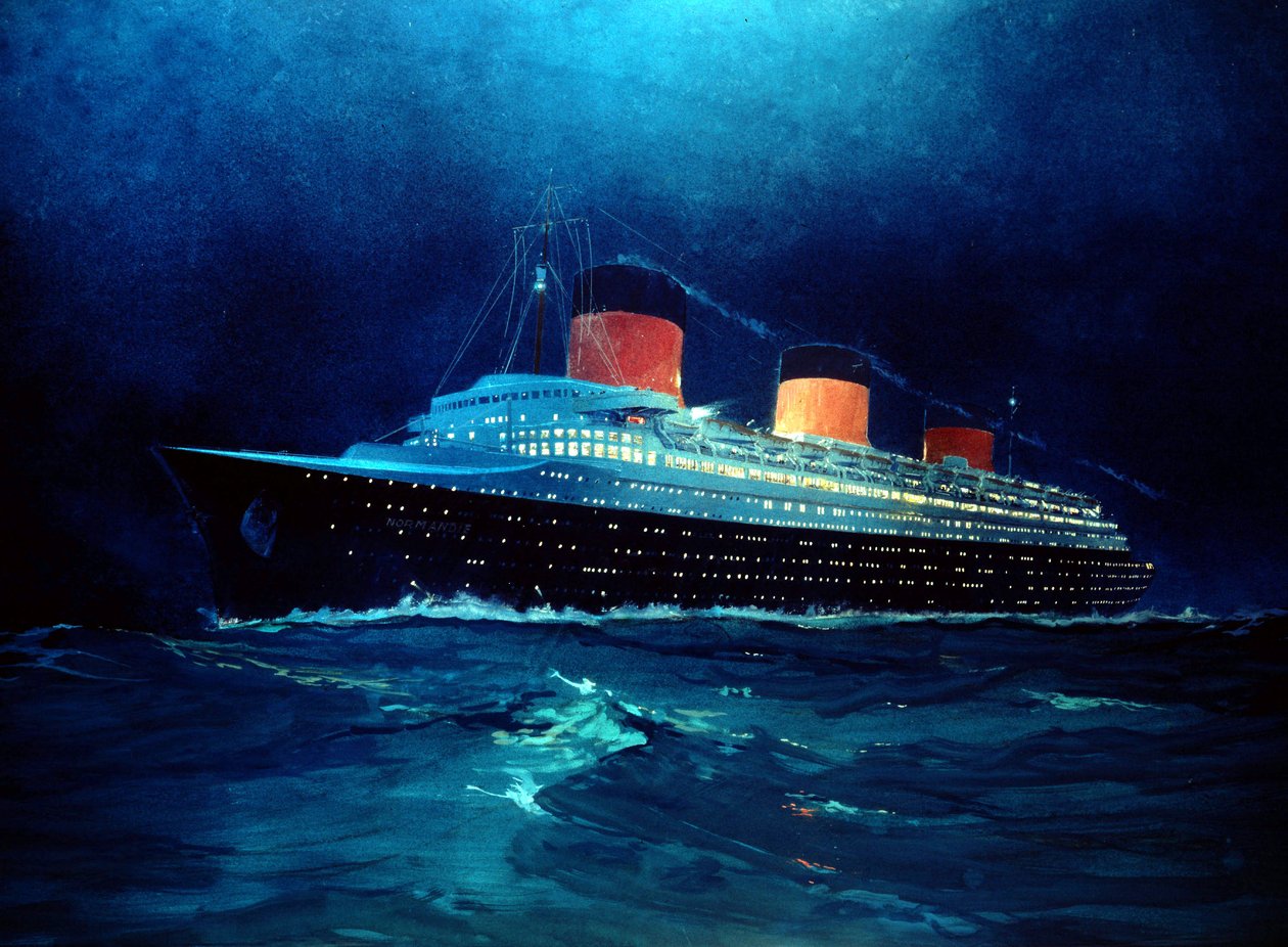 French Liner Normandy During Night Crossing by Albert Sébille