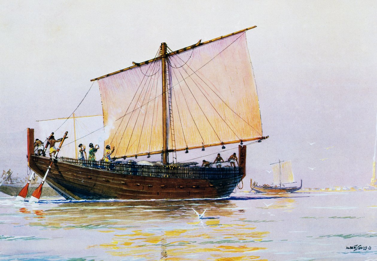 Phoenician merchant ship arriving in Pharos, watercolor by Albert Sebille, 20th century by Albert Sébille