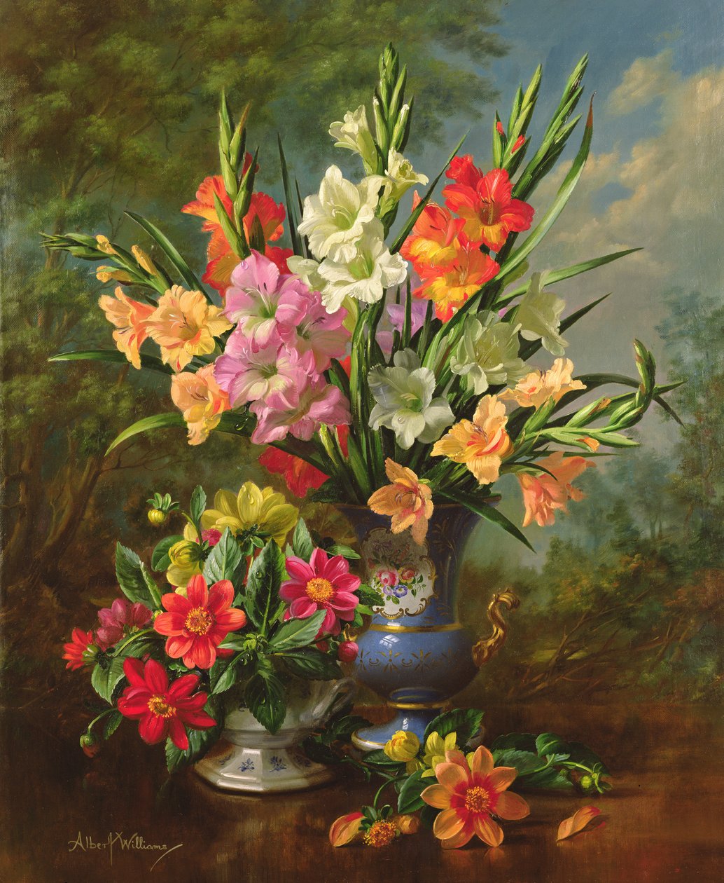 AB1062B Gladioli and Dahlias by Albert Williams