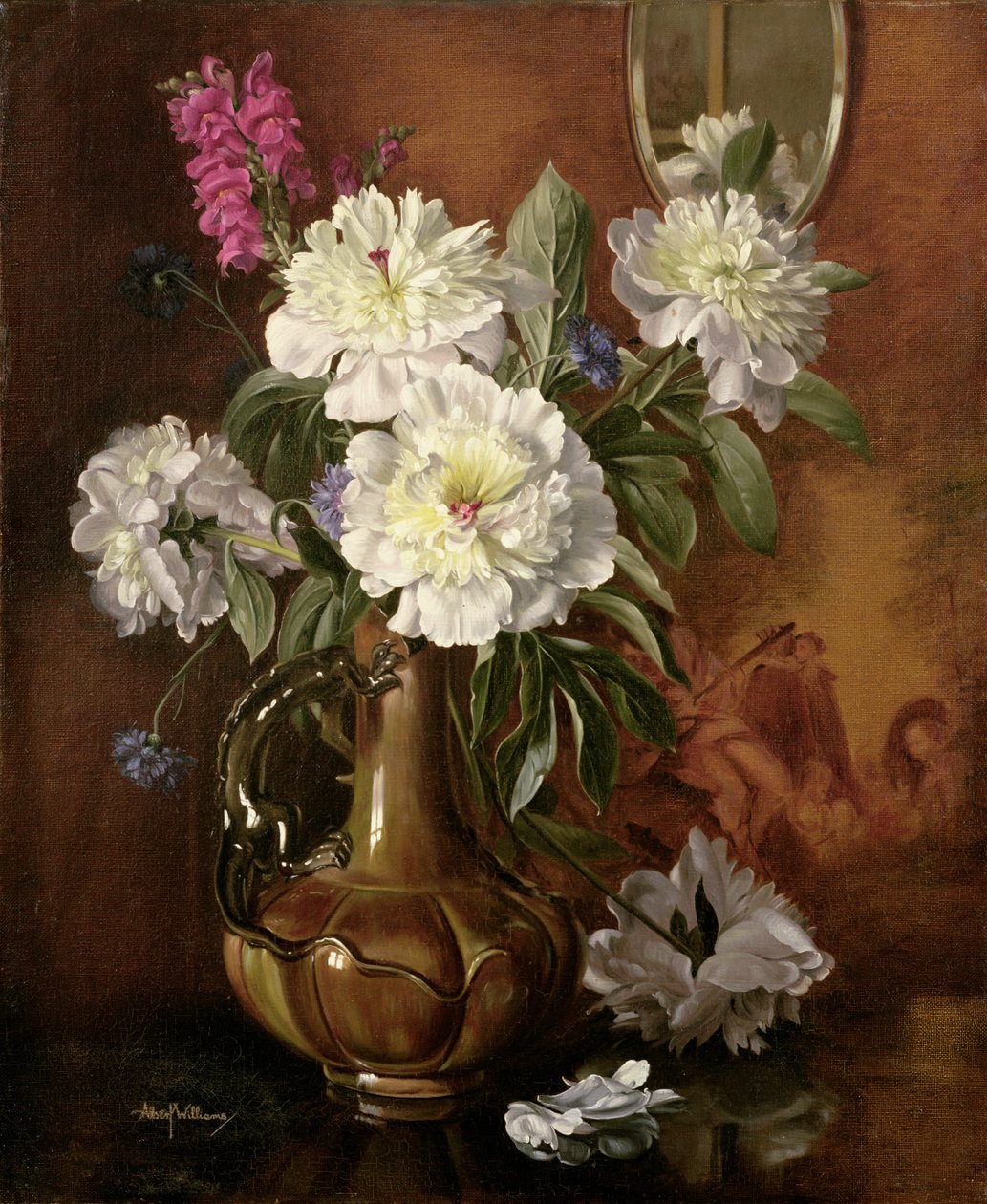 White Peonies in a Glazed Victorian Vase by Albert Williams