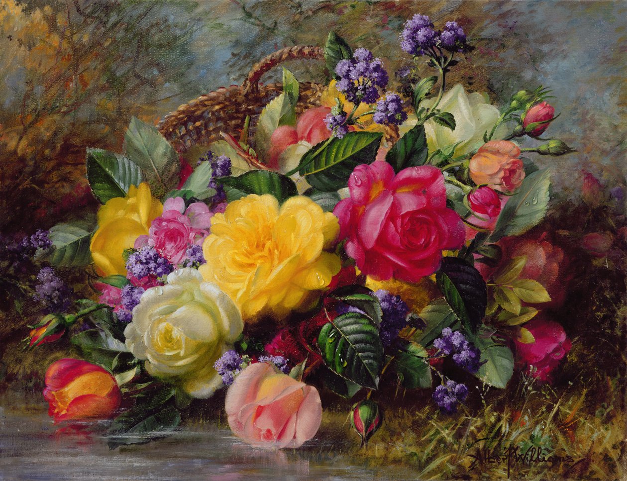 Roses by a Pond on a Grassy Bank by Albert Williams