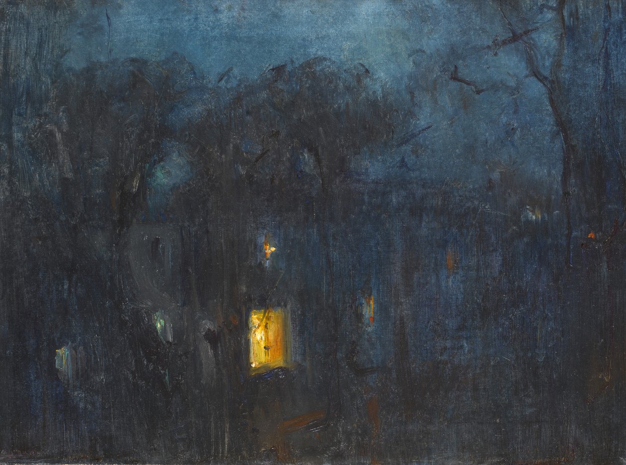 House at night with a single window lit by Albert de Belleroche