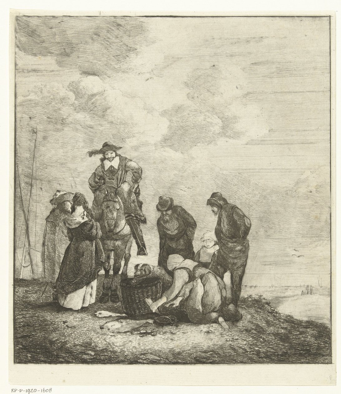 Fish Seller with Customers by the Beach by Albertus Brondgeest