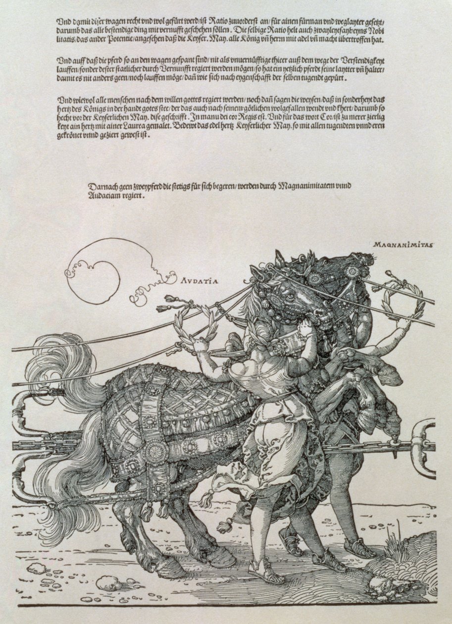 Triumphal Chariot of Emperor Maximilian I of Germany (1459-1519): Detail of the Horse Teams, Guided by Two Virtues, Magnanimity and Audaciousness by Albrecht Dürer