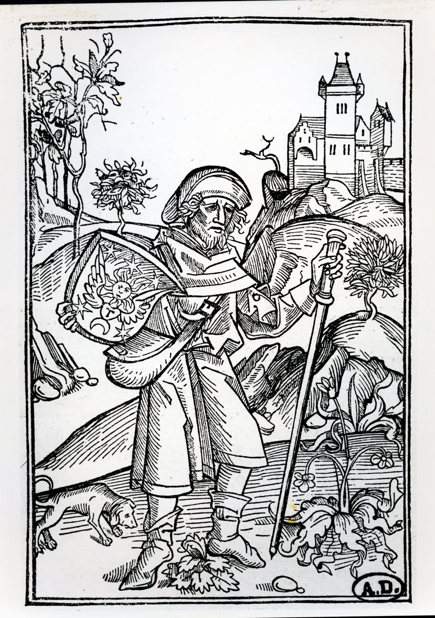 The pilgrim with his dog in front of a castle, frontispiece illustration of the second part of the Opera of Johannes Gerson, published in Basel, 1489 by Albrecht Dürer