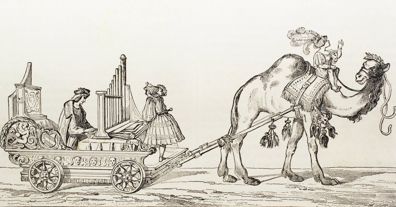 The Organist Paul Hoffaner Playing In A Carriage Drawn By A Camel (engraving) by Albrecht (after) Durer or Duerer