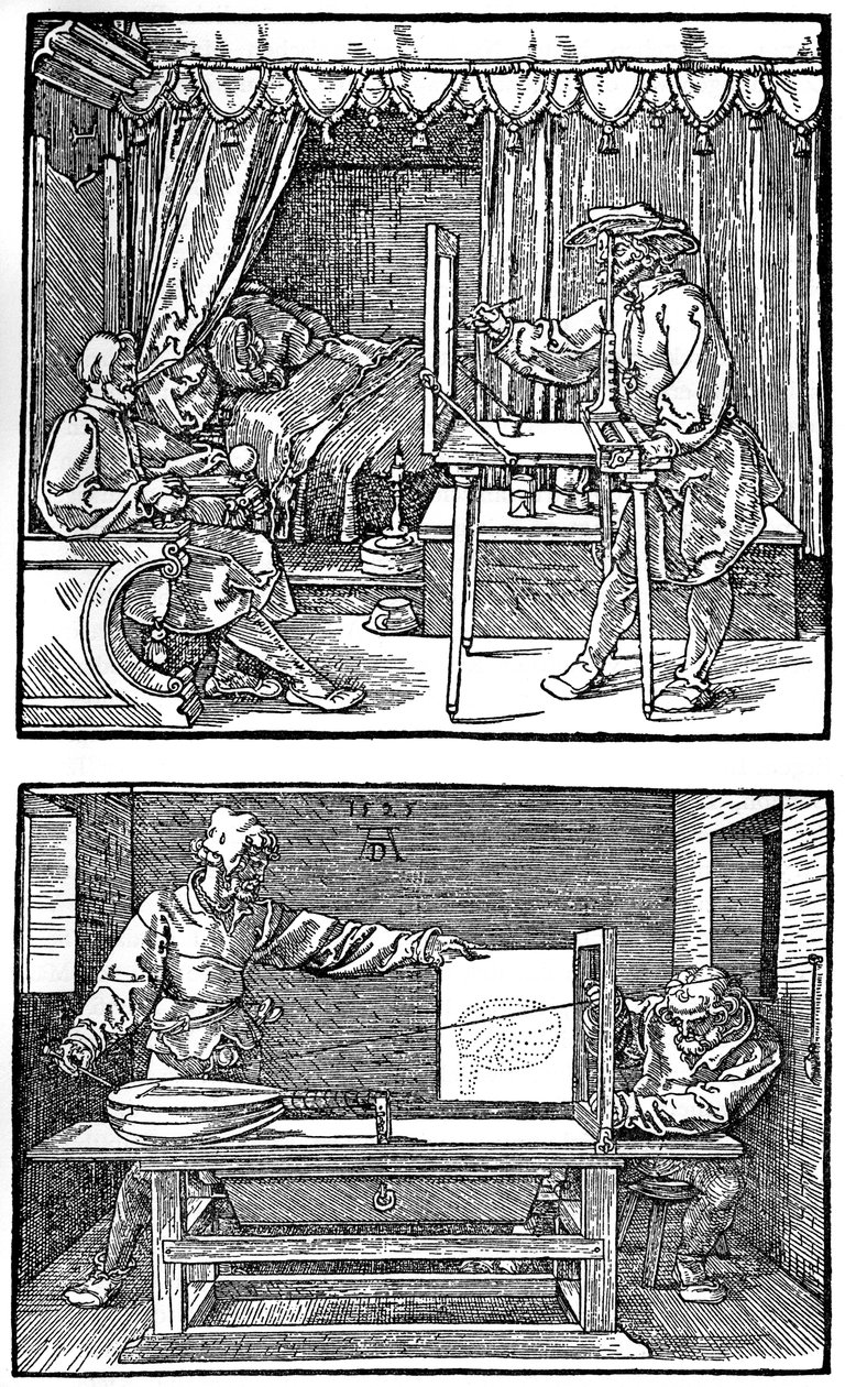 Apparatus for Translating Three-Dimensional Objects into Two-Dimensional Drawings by Albrecht Dürer