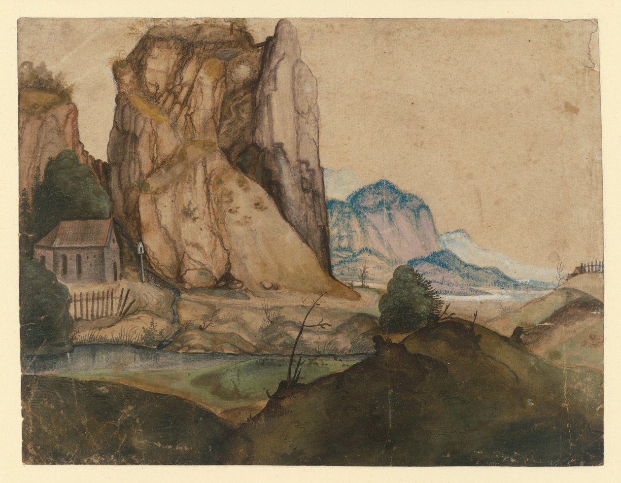 Hilly Landscape with a Chapel Under High Rocks by Albrecht Dürer