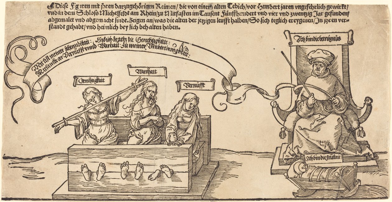 Justice, Truth and Reason in the Stocks with the Seated Judge and Sleeping Piety by Albrecht Dürer