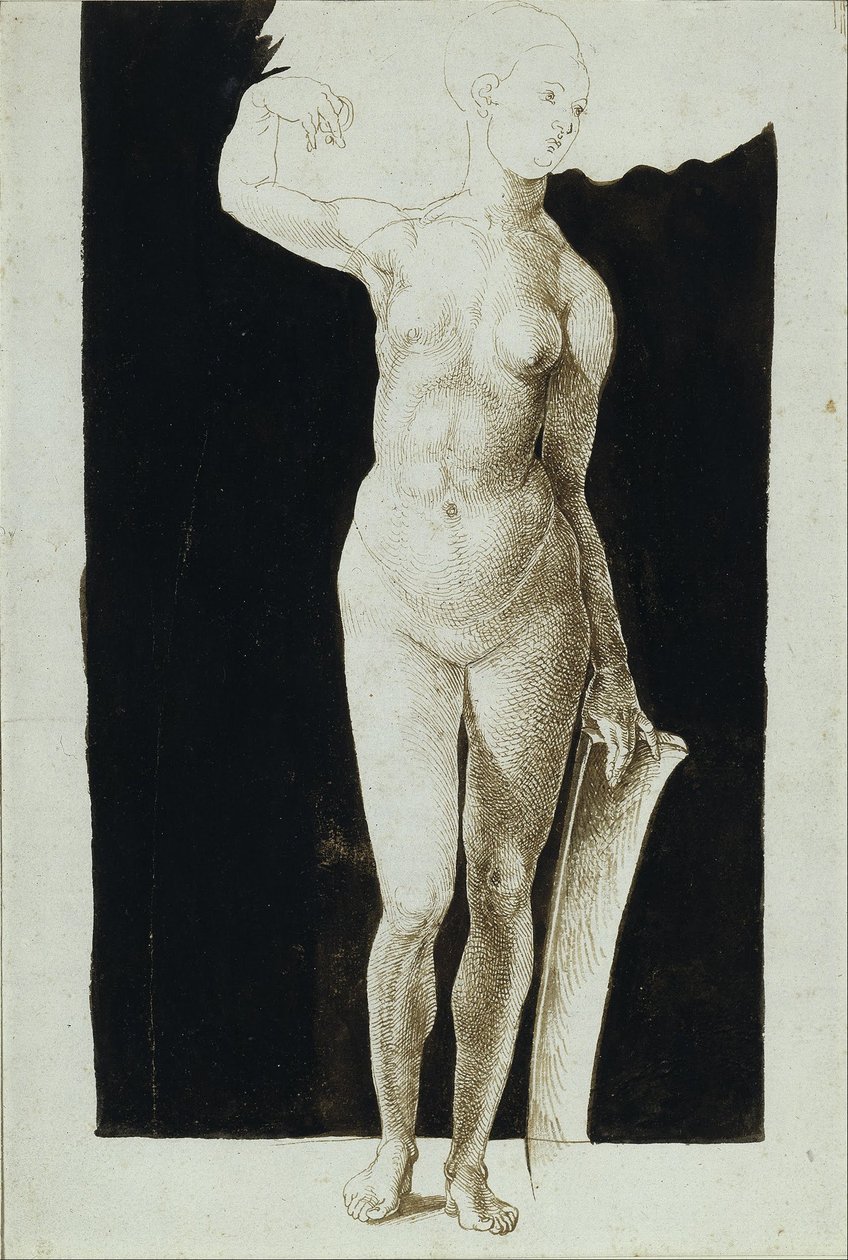 Proportion study of female nude with a shield by Albrecht Dürer