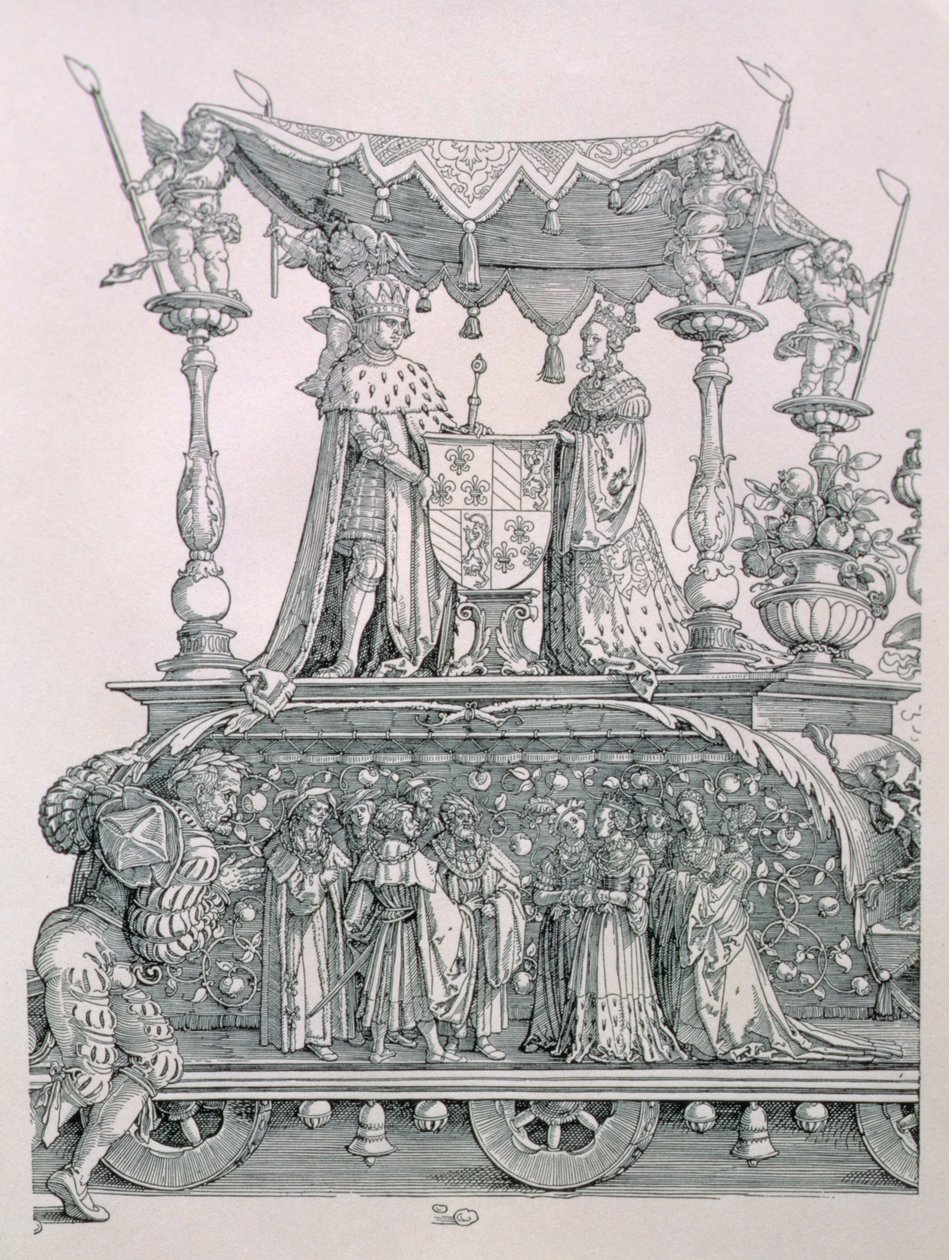 The Burgundian Marriage or the Triumphal Procession of Emperor Maximilian I of Germany showing the wedding chariot of Maximilian and Mary of Burgundy, pub. 1526 (detail) by Albrecht Dürer