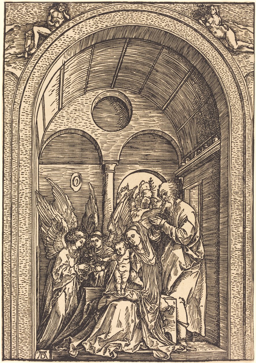 The Holy Family with Two Angels in a Vaulted Hall by Albrecht Dürer