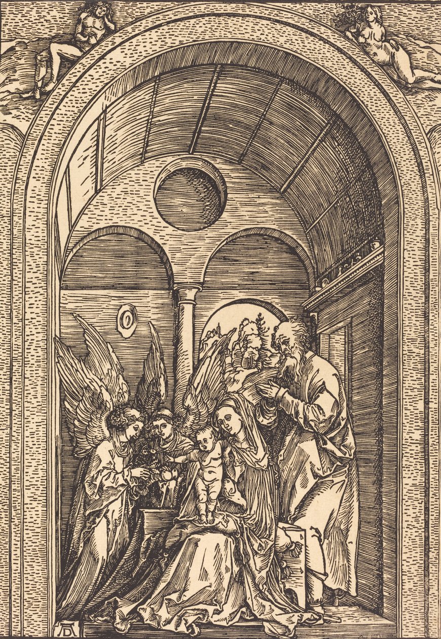 The Holy Family with Two Angels in a Vaulted Hall by Albrecht Dürer