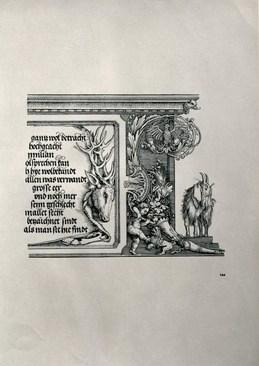 The Triumphal Arch of Emperor Maximilian I of Germany: detail of a deer-skin with an inscription lauding the Emperor