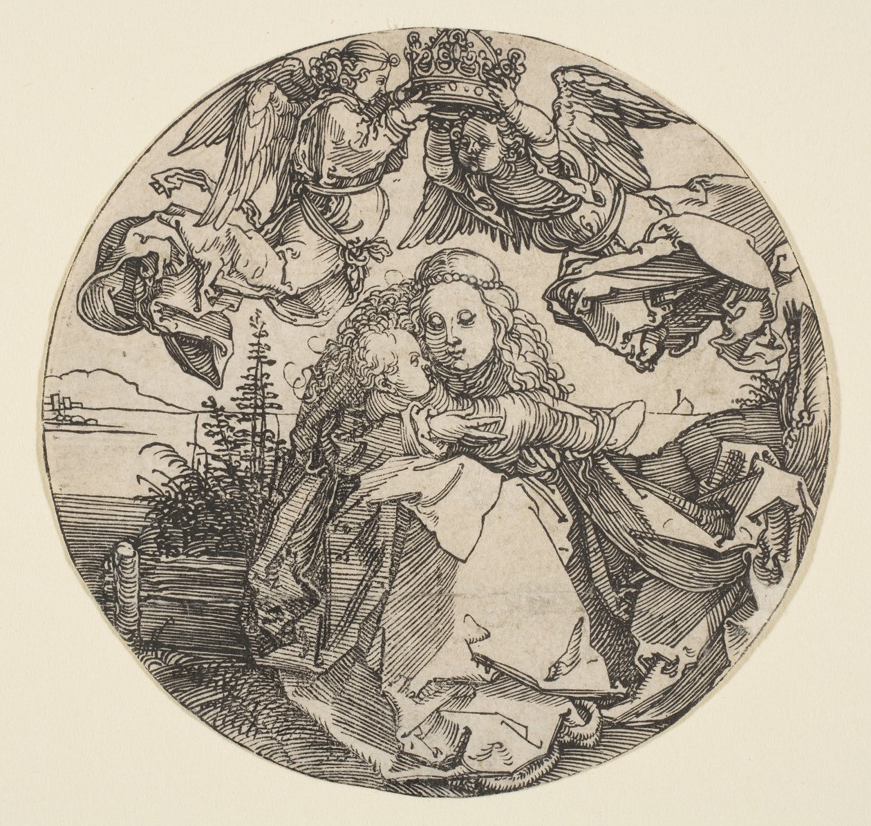 The Virgin and Child Crowned by Two Angels above a Landscape by Albrecht Dürer