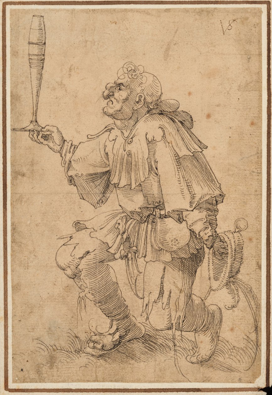 A grotesque man kneeling, holding a tall beer glass at its base by Albrecht Dürer
