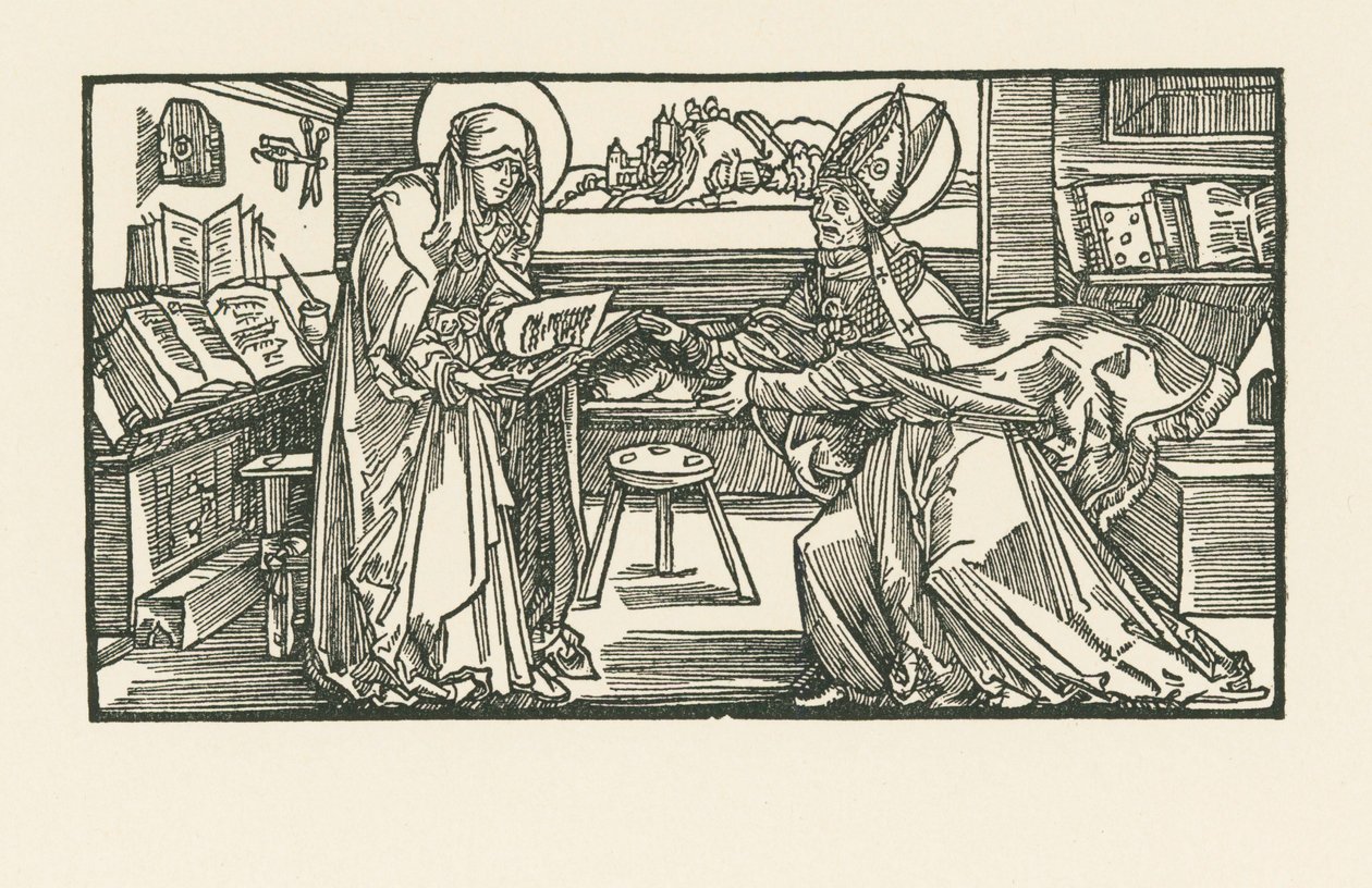 Saint Birgitta in Her Chamber Handing Her Work to a Bishop by Albrecht Dürer or Duerer