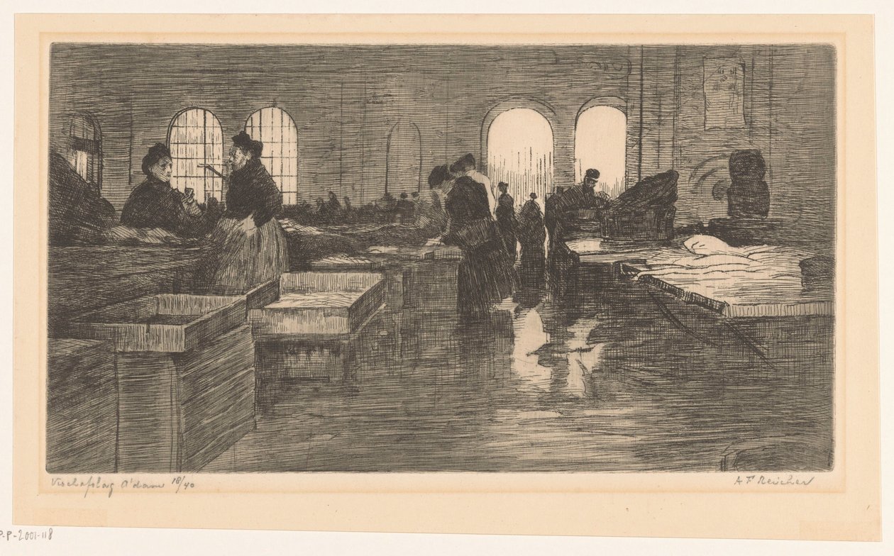 Interior of the Fish Market at the Nieuwmarkt in Amsterdam by Albrecht Felix Reicher (signed by artist)