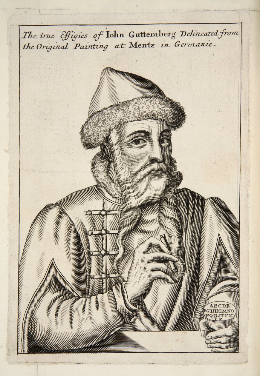 John Gutenberg, from Mechanick Exercises: or The Doctrine of Handy-Works applied to the Art of Printing, pub. 1683 by Albrecht after Mentz