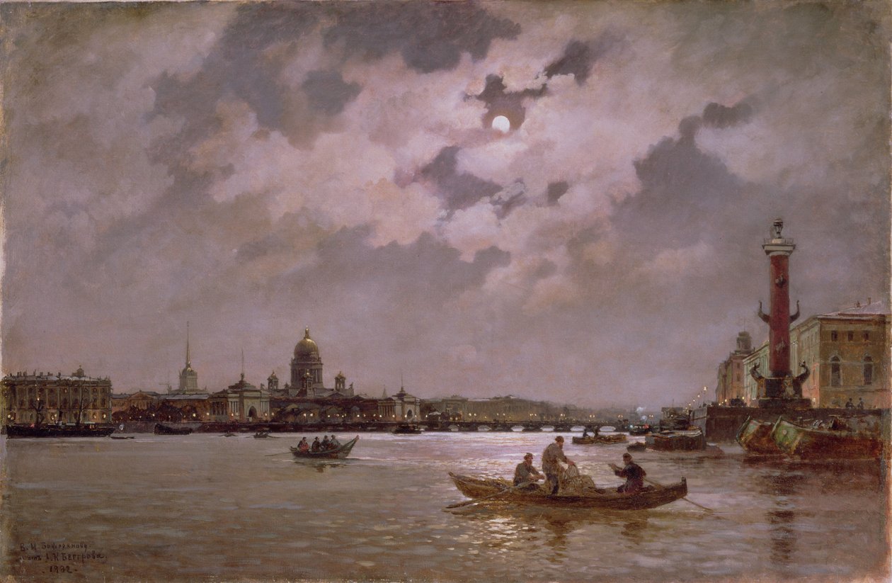 View of the Neva and the Admiralteyskaya Embankment by Moonlight by Aleksandr Karlovich Beggrov
