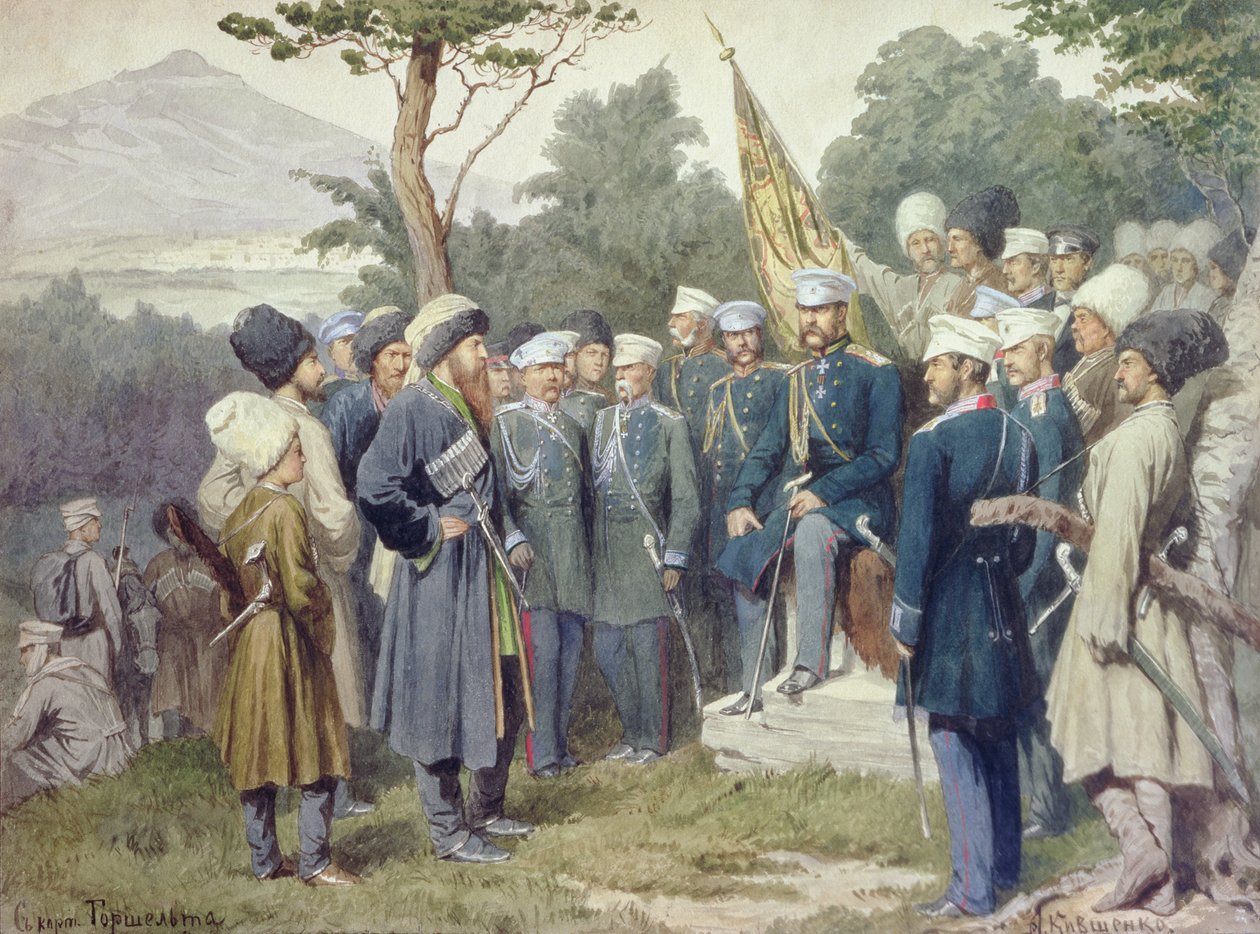 Caucasian Leader Shamil (c.1798-1871) surrendering to Count Baryatinsky in 1859, 1880 by Aleksei Danilovich Kivshenko