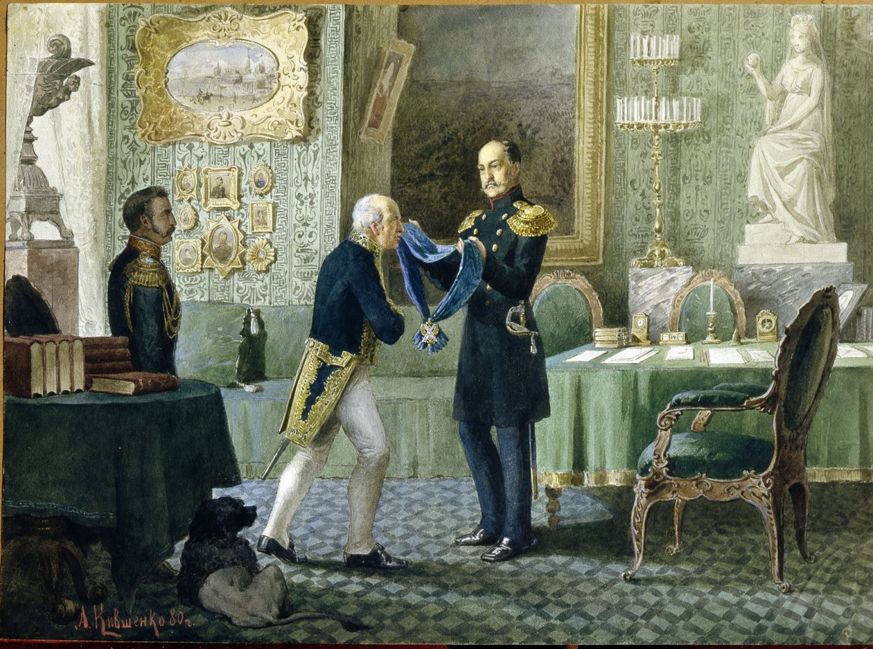 Emperor Nicholas I Awards the Blue Riband of the Order of St. Andrew to Count Mikhail Speransky by Aleksei Danilovich Kivshenko