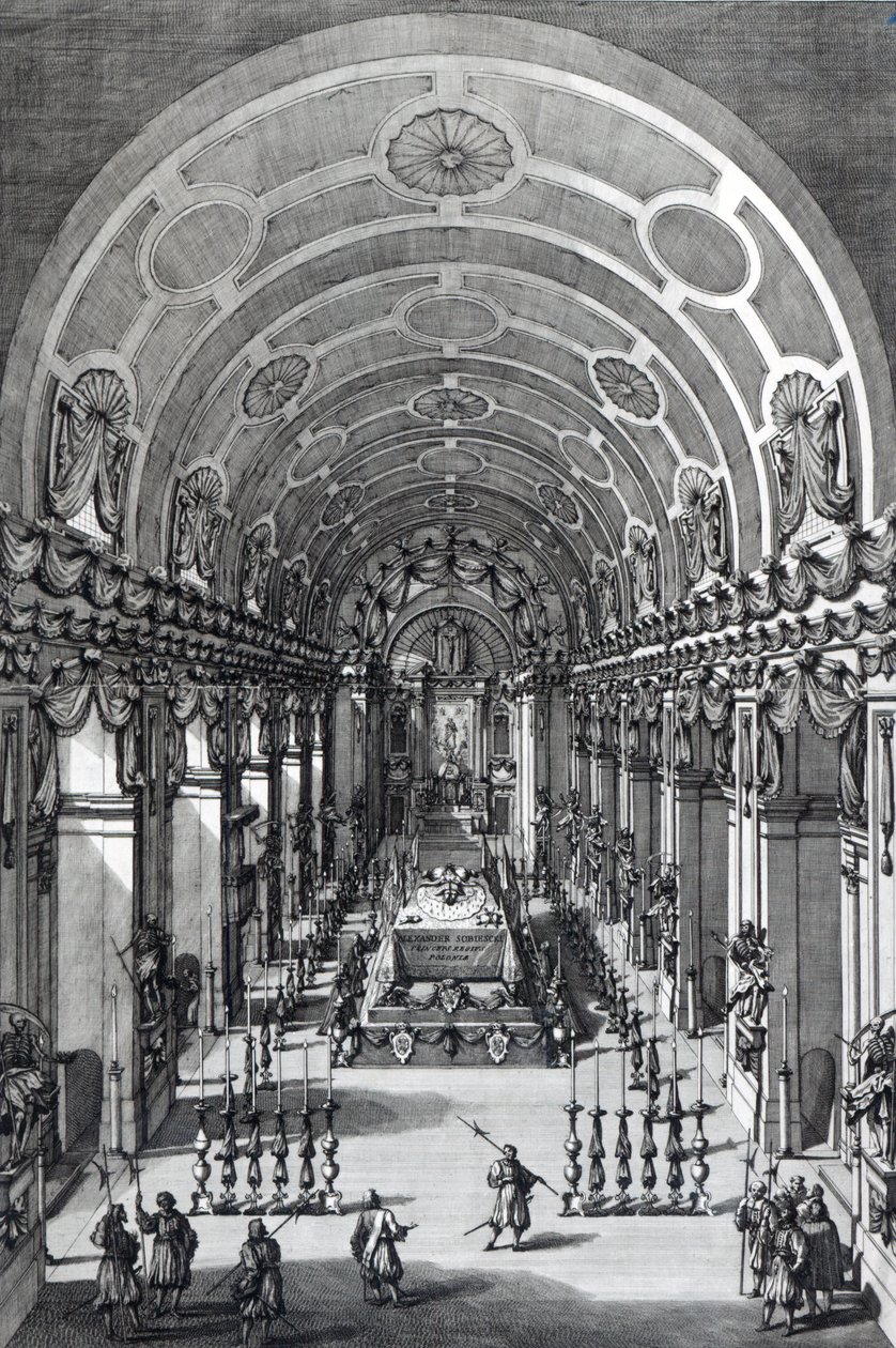 The Lying in State of Alexander Sobieski in the Capuchin Church, Rome, etched by Francesco Faraone Aquila, 1714 by Alessandro Specchi