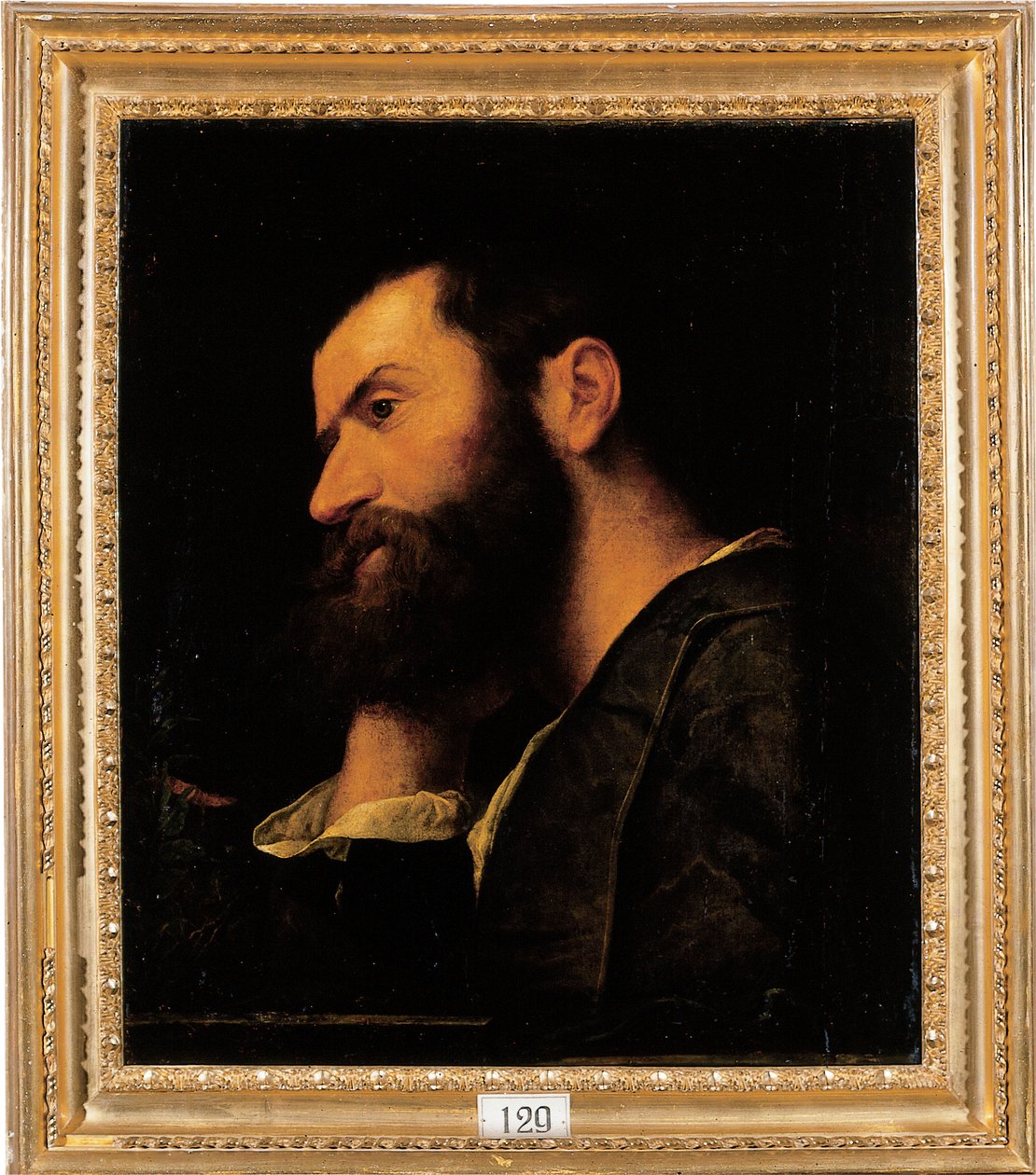 Portrait of the poet Pietro Aretino, bust-length, resting his head on his right hand by a ledge with a plant by Alessandro Bonvicino Moretto