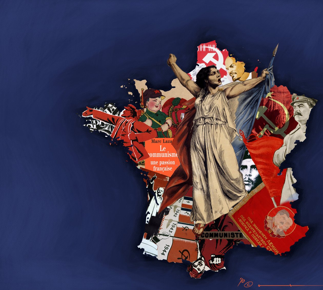 A Marianne against a background of communist collage. Allegory of Communism in France. 2010 by Alessandro Lonati