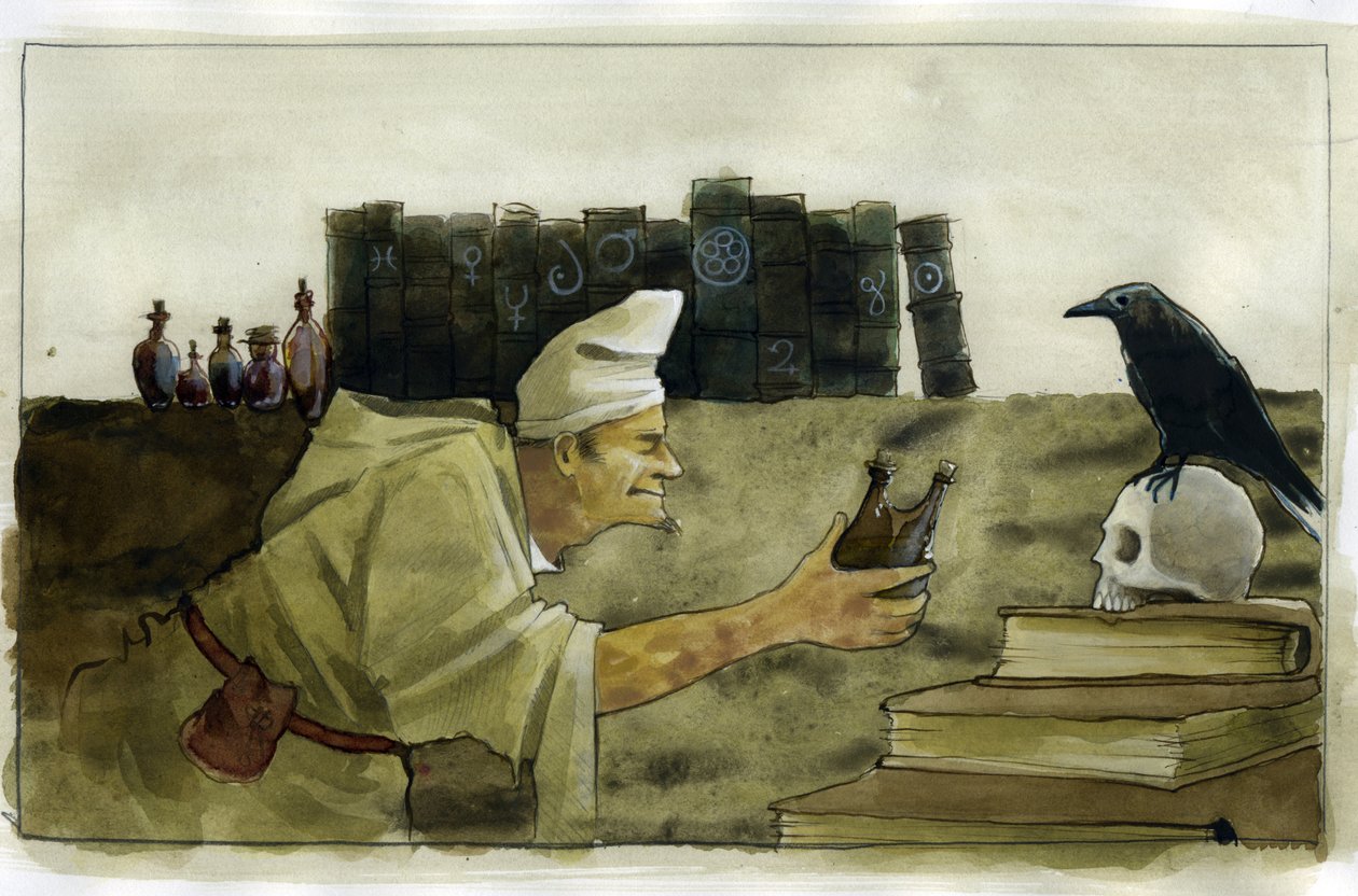 Alchemist in His Laboratory with a Raven and a Skull by Alessandro Lonati