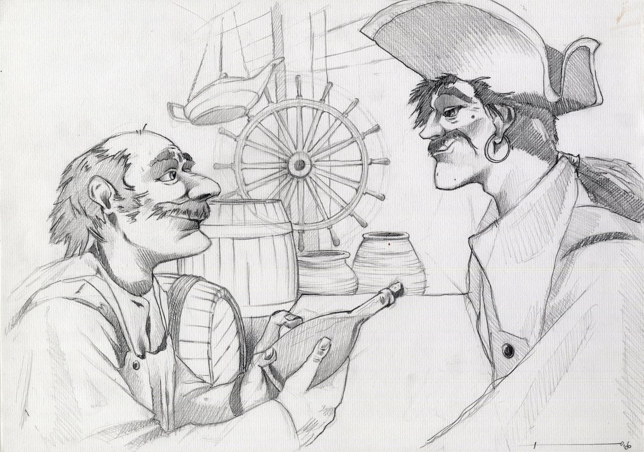 Caribbean pirate in an inn with a bottle by Alessandro Lonati