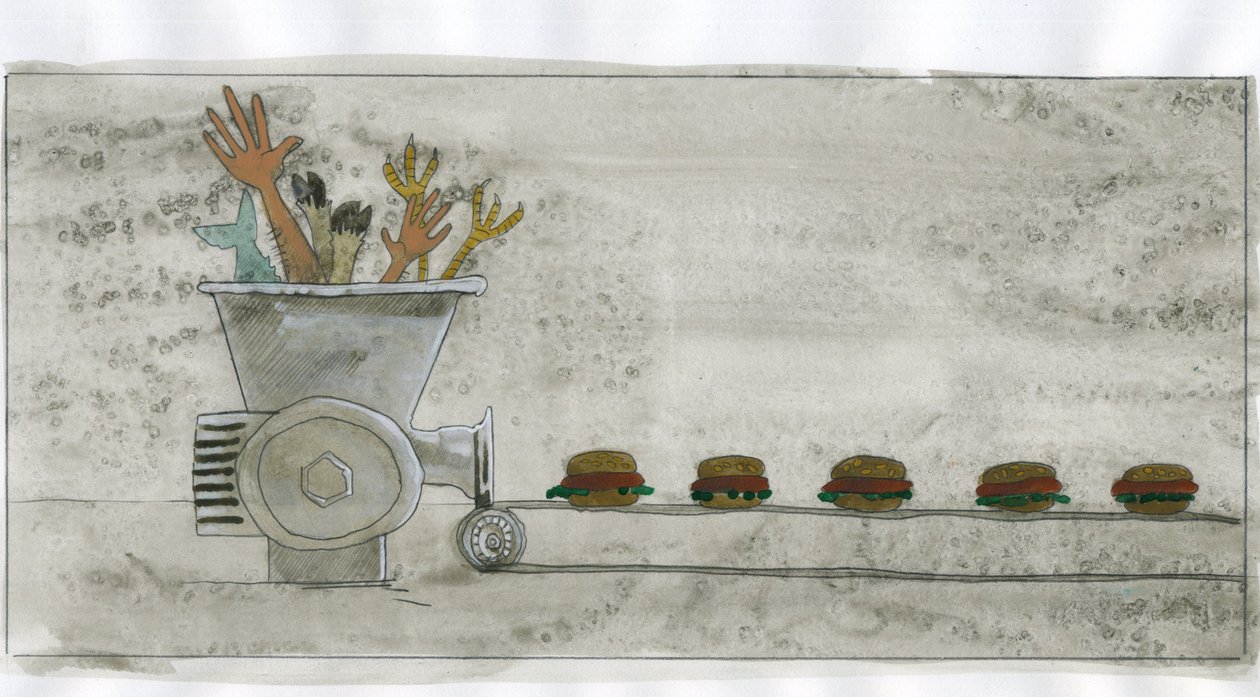 Consumer society: production of junk food, hamburger made with human and animal remains by Alessandro Lonati