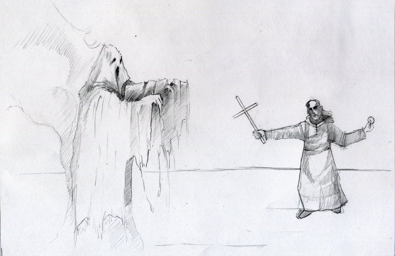 Fight Between a Monk Holding a Crucifix and a Ghost by Alessandro Lonati